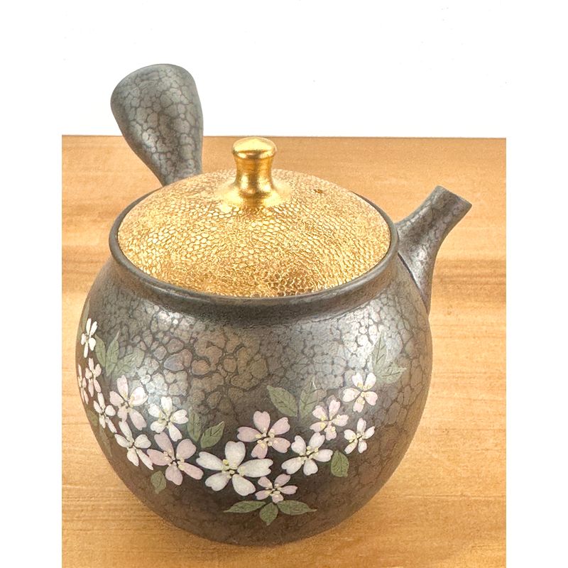 Théière - SHORYU Tenmoku Glaçure Forme ronde Couvercle doré Motif Sakura