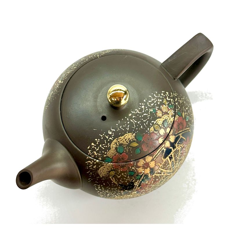 إبريق شاي - جيوكو، طين أسود، شكل دائري، كوتاني، نقاط رمادية، أرابيسك