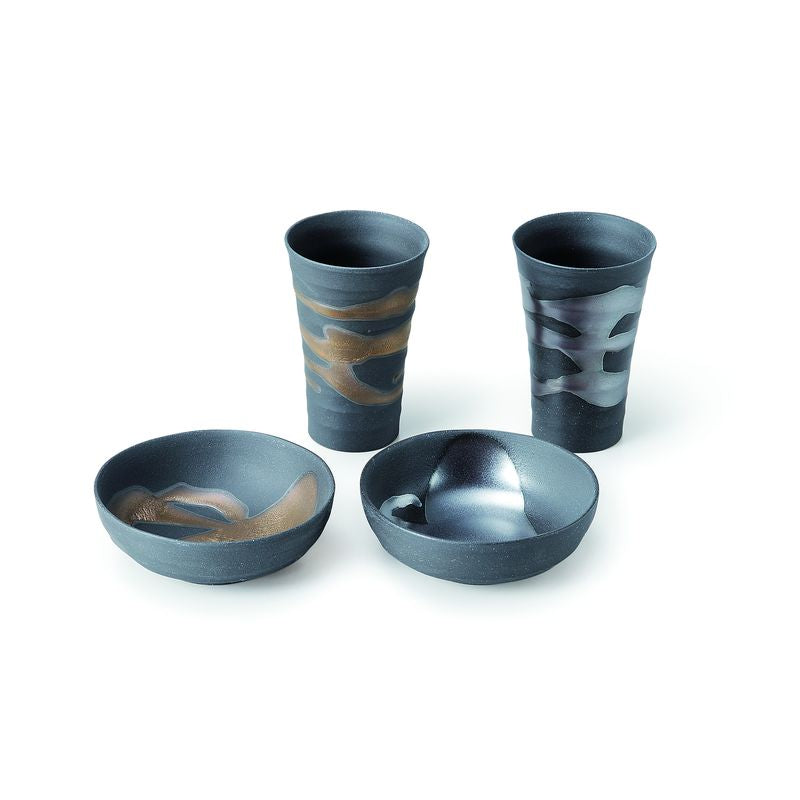 Sake cup and Small Plate Set - Kingin nagashi