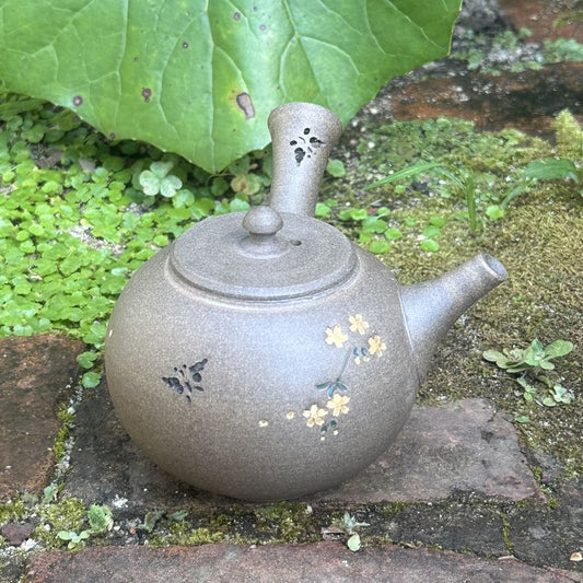 Teapot - SEIHO Unglazed Stoneware Round Inro-Lid Butterfly Sakura