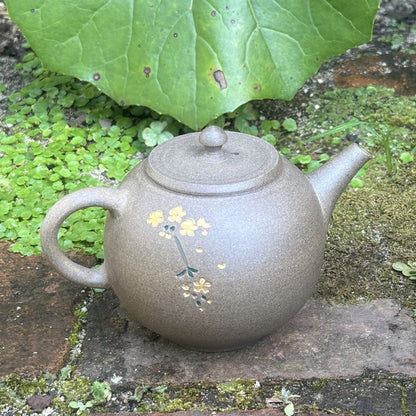 Teapot - SEIHO Unglazed Stoneware Round Inro-Lid Butterfly Sakura Rear Handle