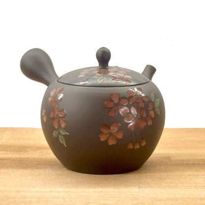 إبريق شاي - جيوكو، طين بني، شكل دائري صغير، زهرة حمراء