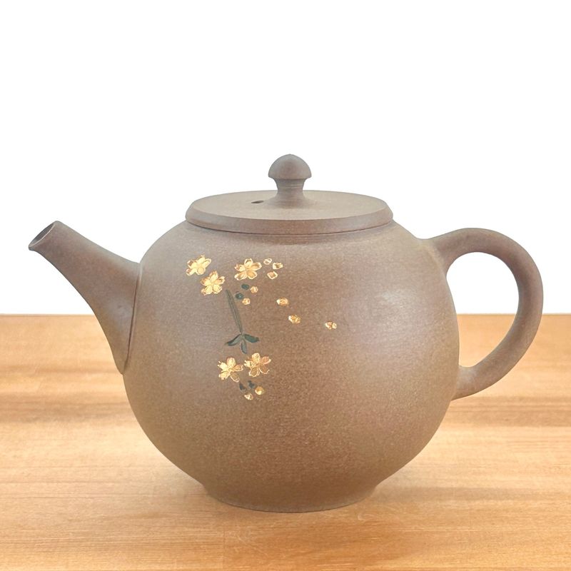 Teapot - SEIHO Unglazed Stoneware Round Inro-Lid Butterfly Sakura Rear Handle