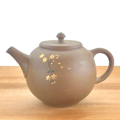 Teapot - SEIHO Unglazed Stoneware Round Inro-Lid Butterfly Sakura Rear Handle