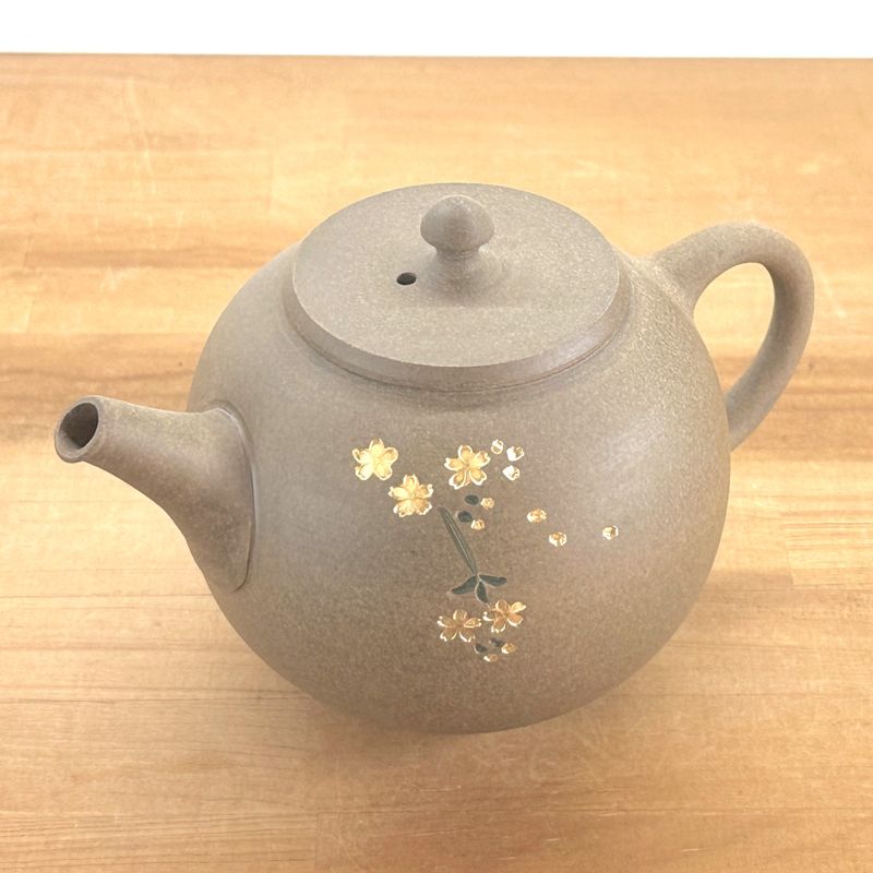 Teapot - SEIHO Unglazed Stoneware Round Inro-Lid Butterfly Sakura Rear Handle
