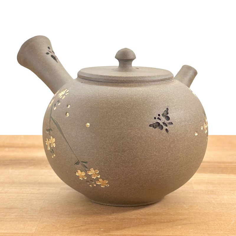 Teapot - SEIHO Unglazed Stoneware Round Inro-Lid Butterfly Sakura