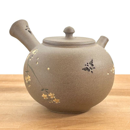 Teapot - SEIHO Unglazed Stoneware Round Inro-Lid Butterfly Sakura
