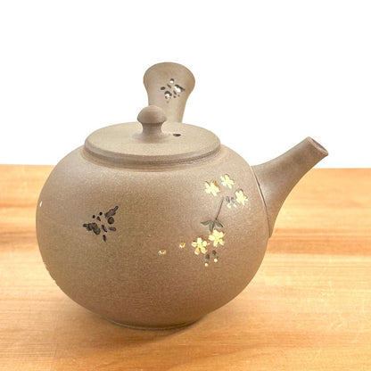 Teapot - SEIHO Unglazed Stoneware Round Inro-Lid Butterfly Sakura