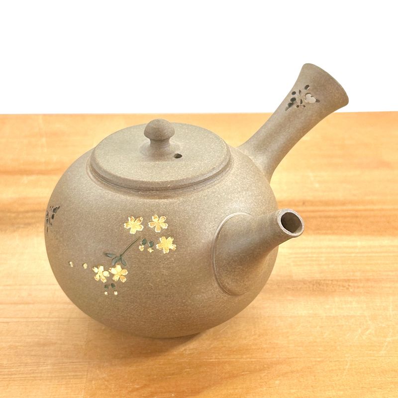 Teapot - SEIHO Unglazed Stoneware Round Inro-Lid Butterfly Sakura