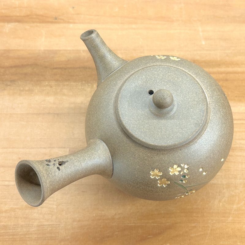 Teapot - SEIHO Unglazed Stoneware Round Inro-Lid Butterfly Sakura