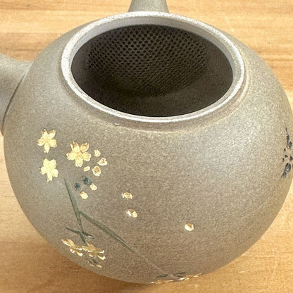 Teapot - SEIHO Unglazed Stoneware Round Inro-Lid Butterfly Sakura
