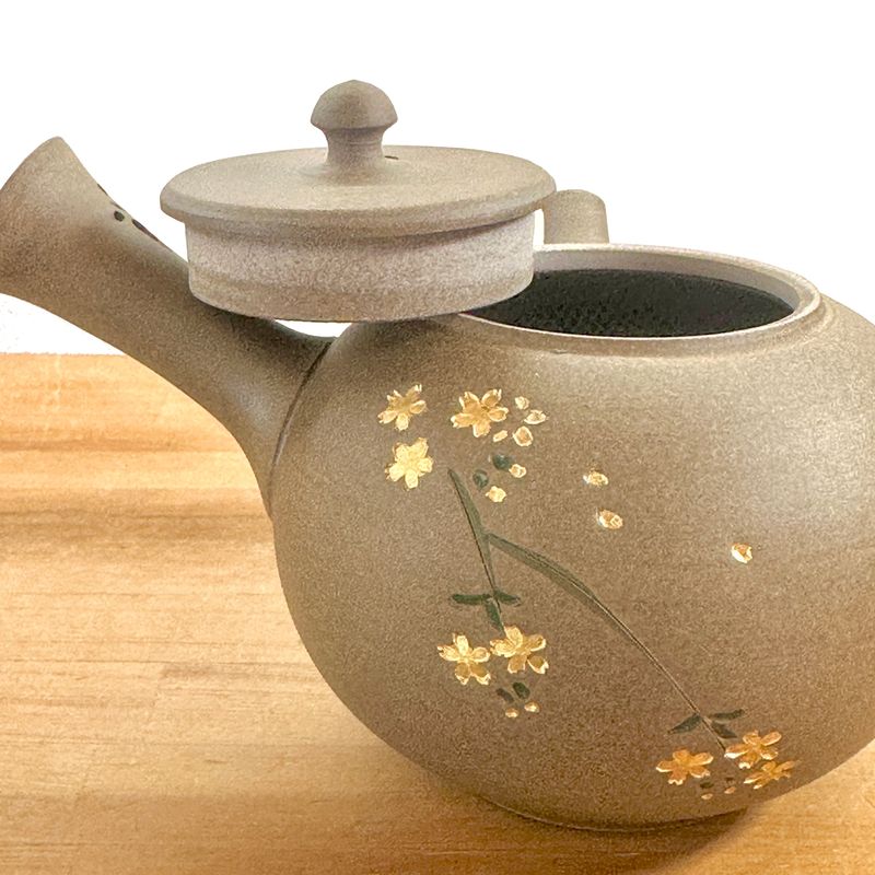 Teapot - SEIHO Unglazed Stoneware Round Inro-Lid Butterfly Sakura