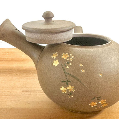 Teapot - SEIHO Unglazed Stoneware Round Inro-Lid Butterfly Sakura
