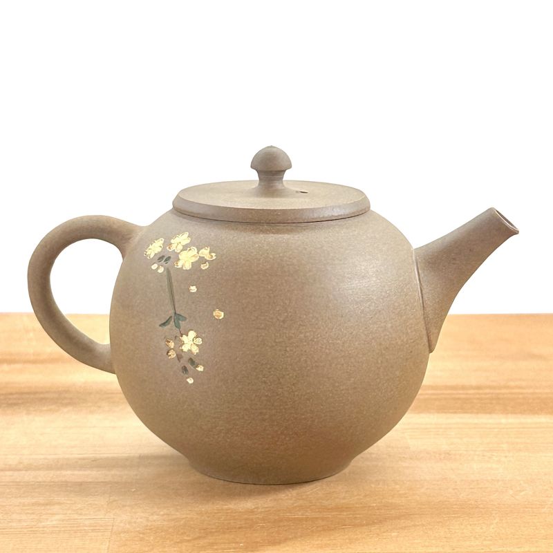 Teapot - SEIHO Unglazed Stoneware Round Inro-Lid Butterfly Sakura Rear Handle