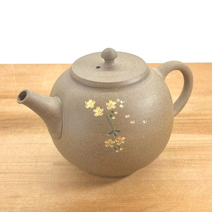 Teapot - SEIHO Unglazed Stoneware Round Inro-Lid Butterfly Sakura Rear Handle