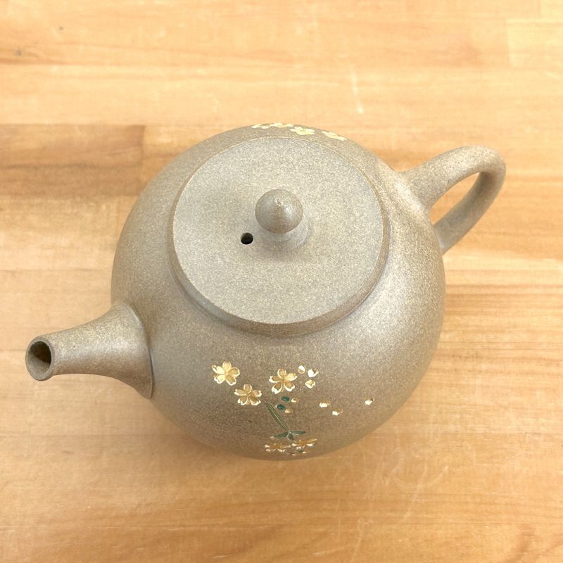 Teapot - SEIHO Unglazed Stoneware Round Inro-Lid Butterfly Sakura Rear Handle