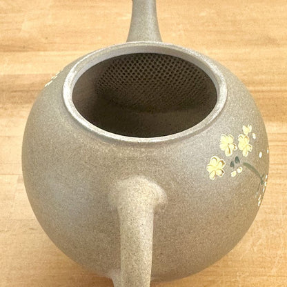 Teapot - SEIHO Unglazed Stoneware Round Inro-Lid Butterfly Sakura Rear Handle