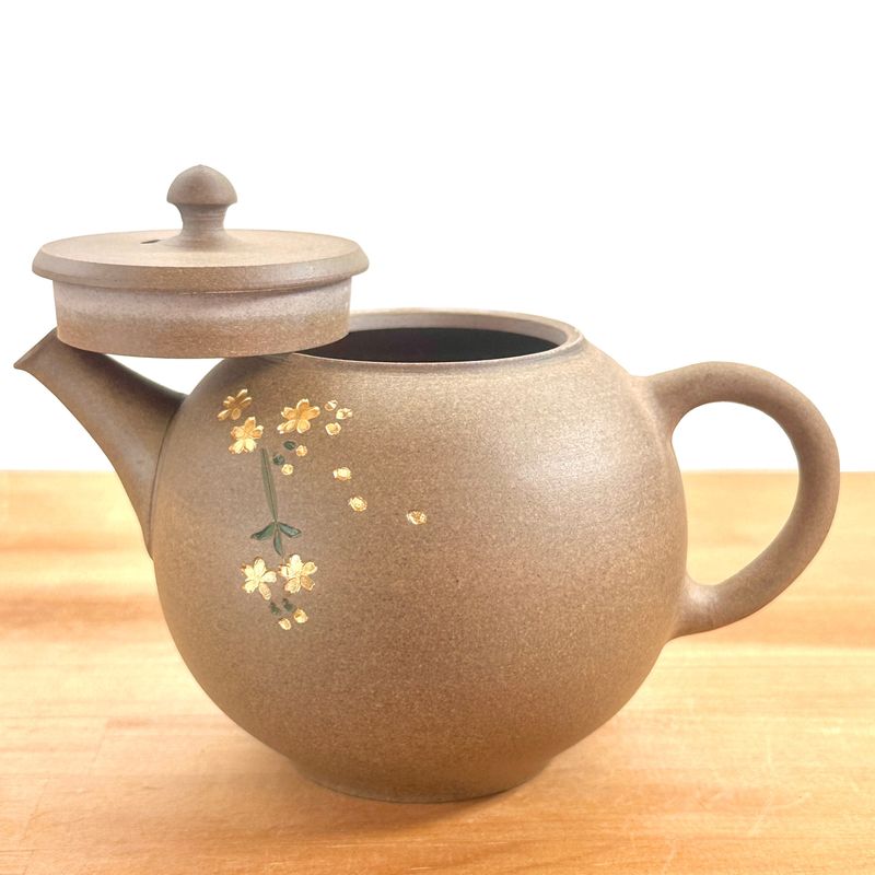 Teapot - SEIHO Unglazed Stoneware Round Inro-Lid Butterfly Sakura Rear Handle