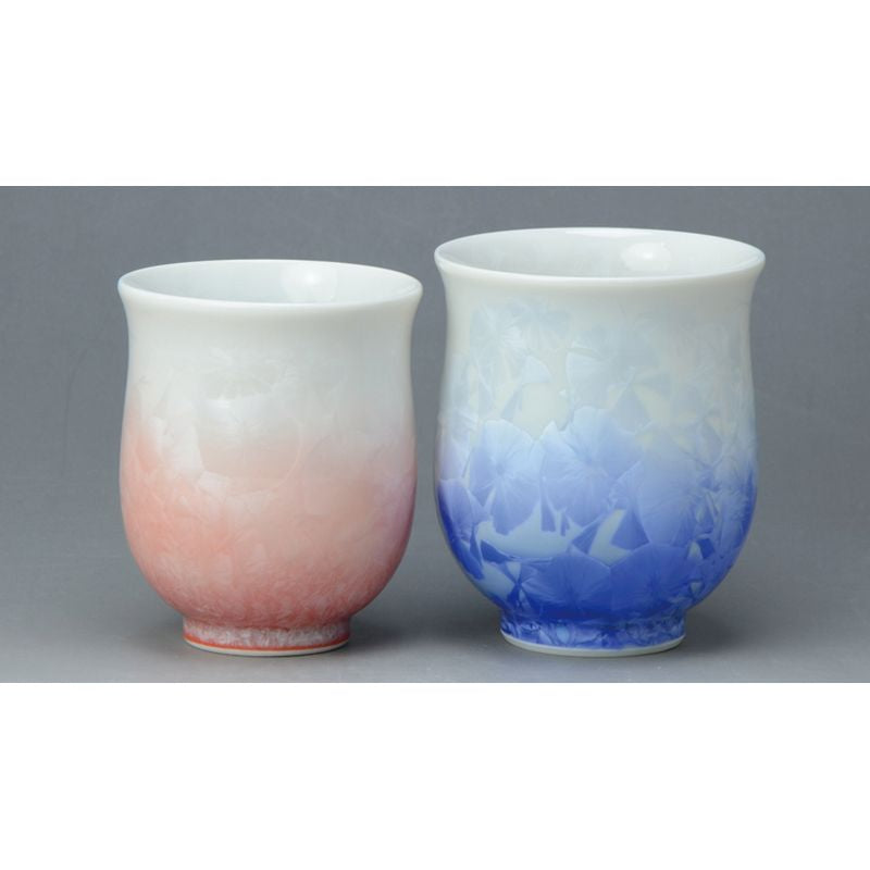 Japanese Tea Cup - FLOWER CRYSTAL White Base Blue Red Pair
