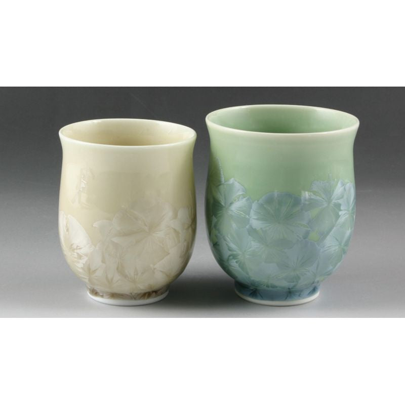 Japanese Tea Cup - FLOWER CRYSTAL Green & Brown Pair