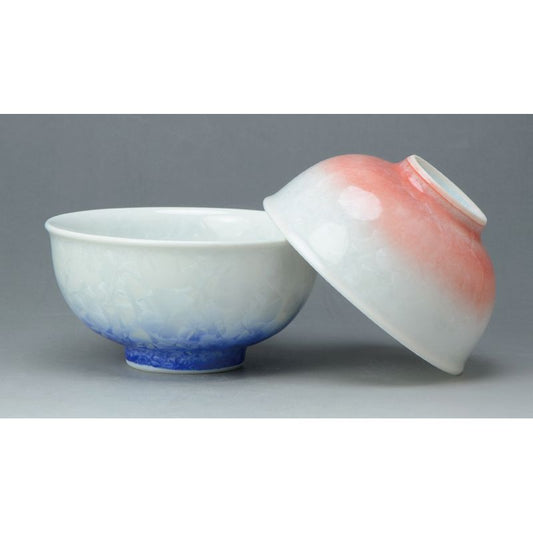 Rice Bowls - FLOWER CRYSTAL White Base Blue Red Pair