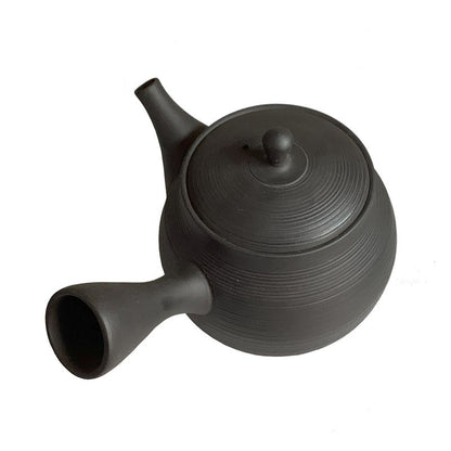 Teapot - GYOKKO Black Kiln-Change Fukuro Shape Engraved Lines