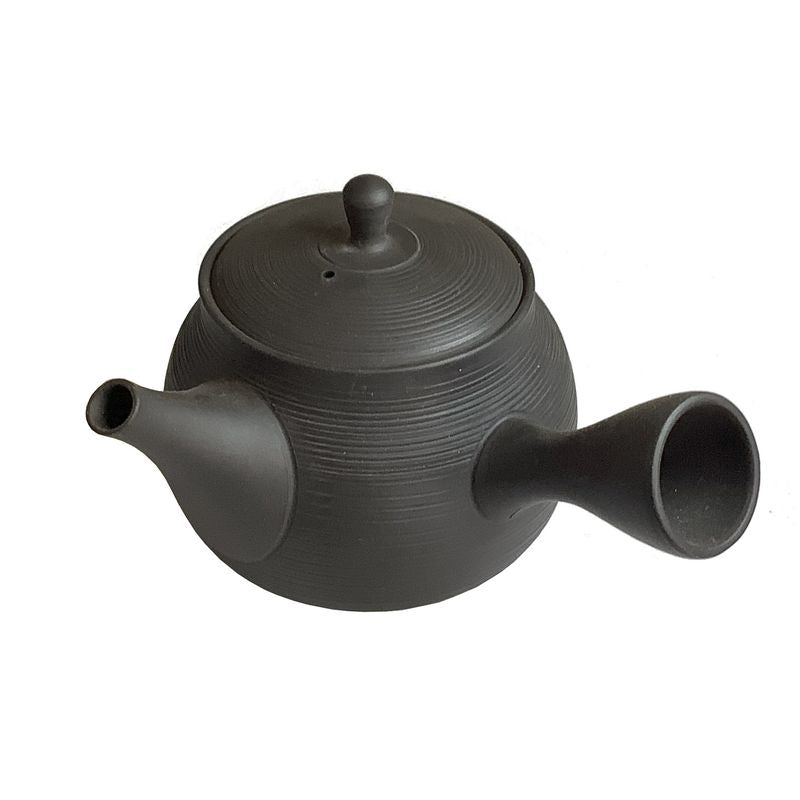 Teapot - GYOKKO Black Kiln-Change Fukuro Shape Engraved Lines