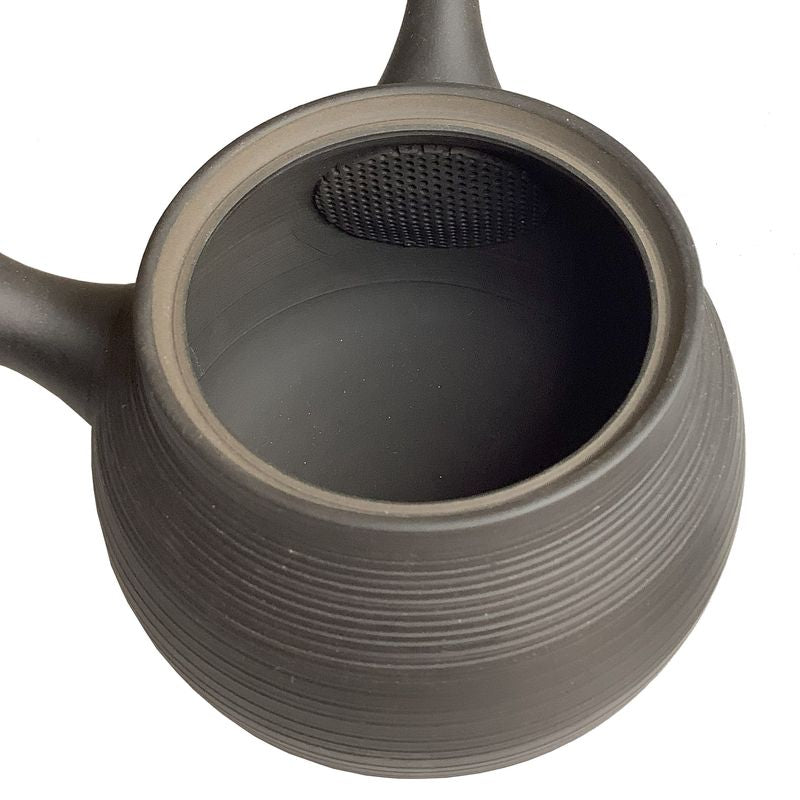 Teapot - GYOKKO Black Kiln-Change Fukuro Shape Engraved Lines