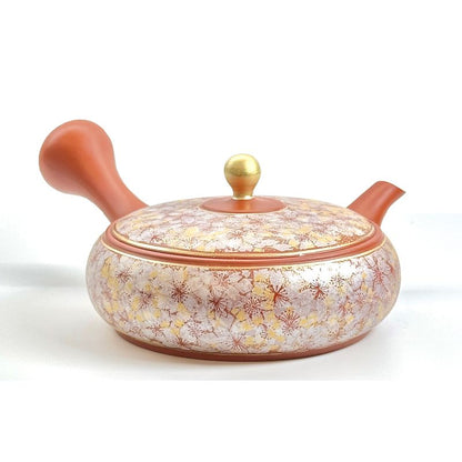 Teapot - Sekiryu Flat Shape Gold Sakura Carving