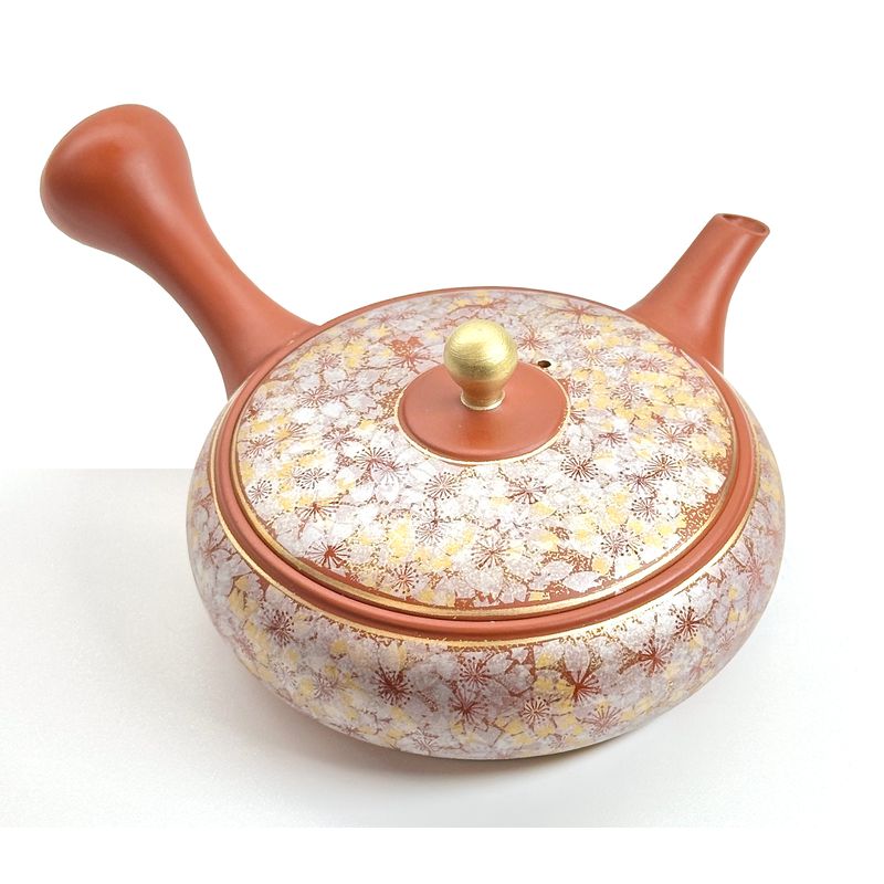 Teapot - Sekiryu Flat Shape Gold Sakura Carving
