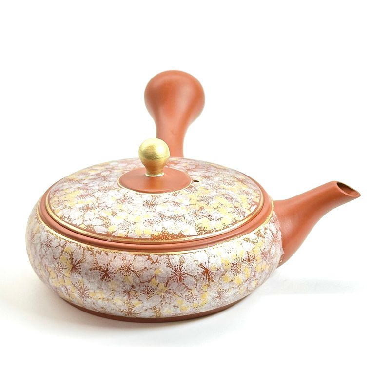 Teapot - Sekiryu Flat Shape Gold Sakura Carving