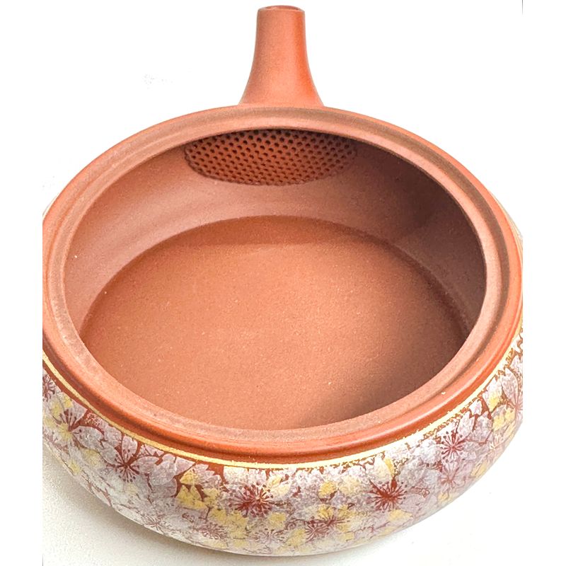Teapot - Sekiryu Flat Shape Gold Sakura Carving