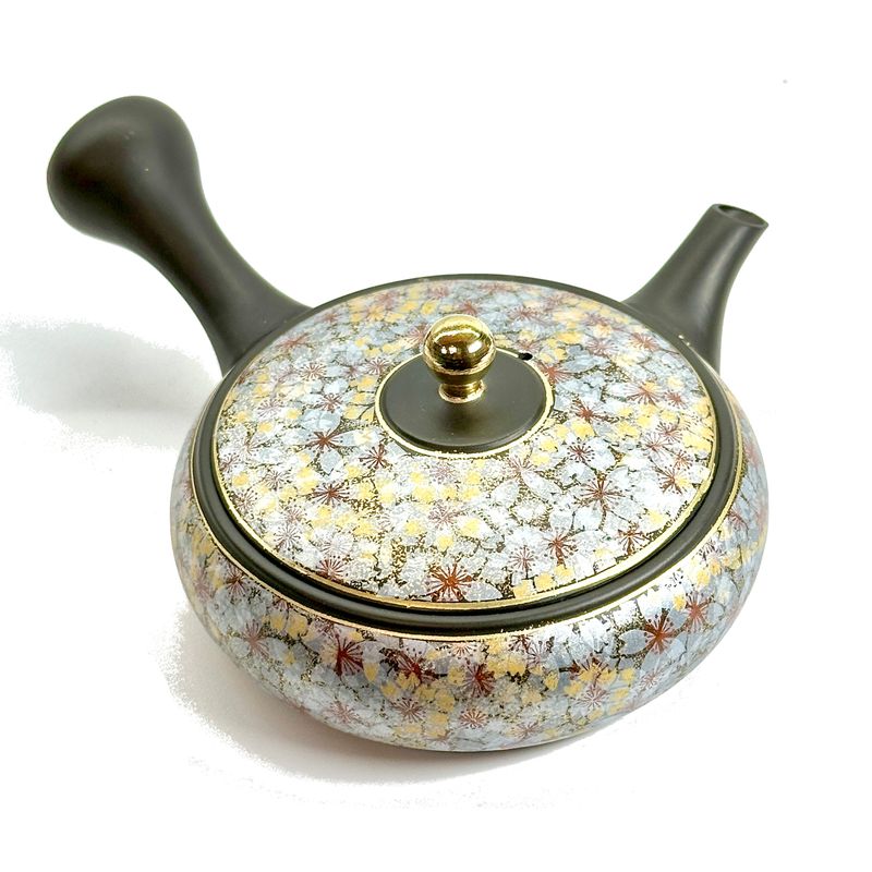 Teapot - Sekiryu Flat Shape Gold Sakura Carving
