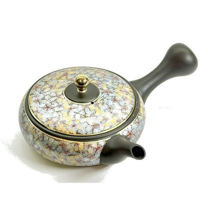 Teapot - Sekiryu Flat Shape Gold Sakura Carving