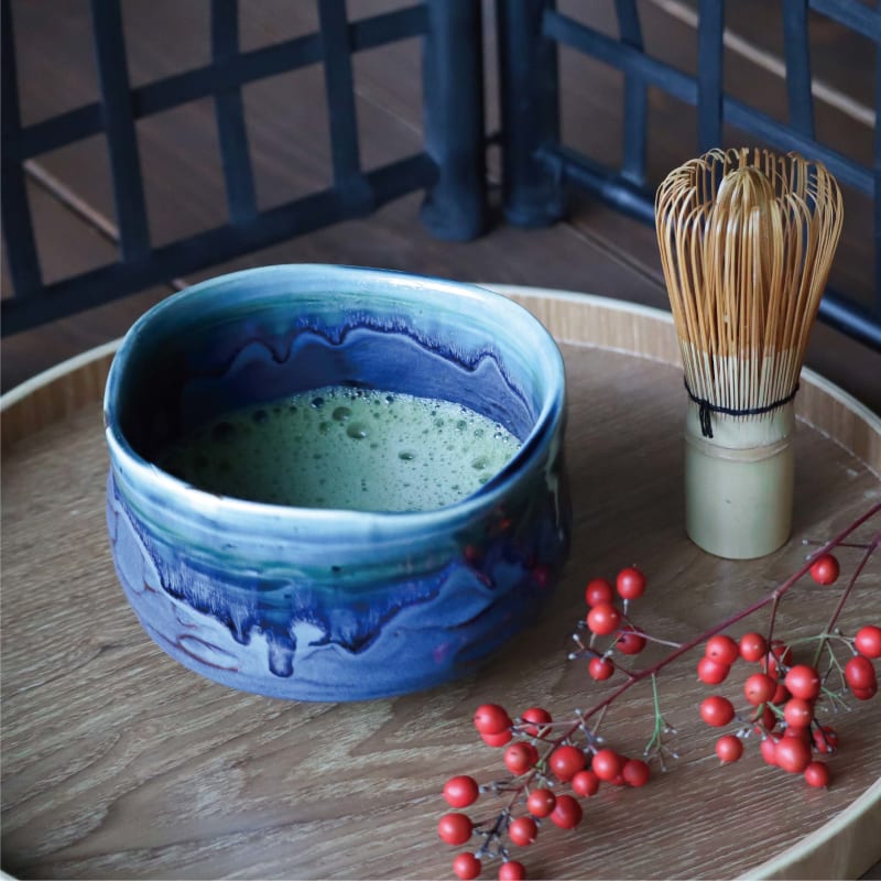 Matcha Bowl - Turquoise and Blue Gold Stream Design