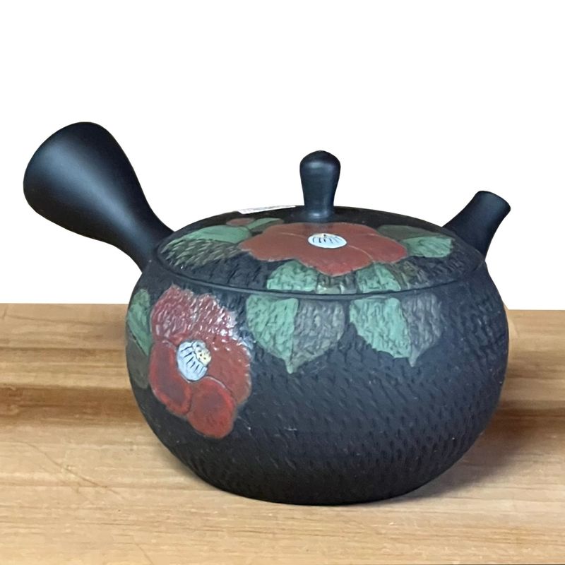 Teapot - GYOKKO Black Clay Flat Round Camellia