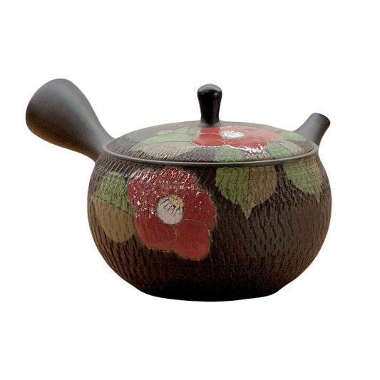 Teapot - GYOKKO Black Clay Flat Round Camellia