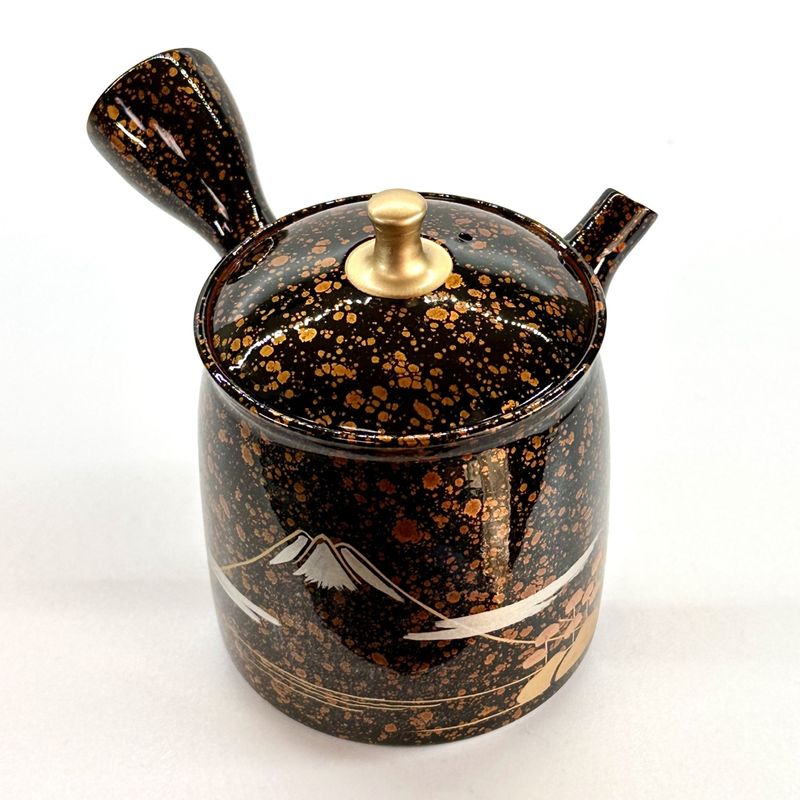 Teapot - SHORYU Red Clay Straight-Sided Shape Orange Gold Sprinkling Mount Fuji