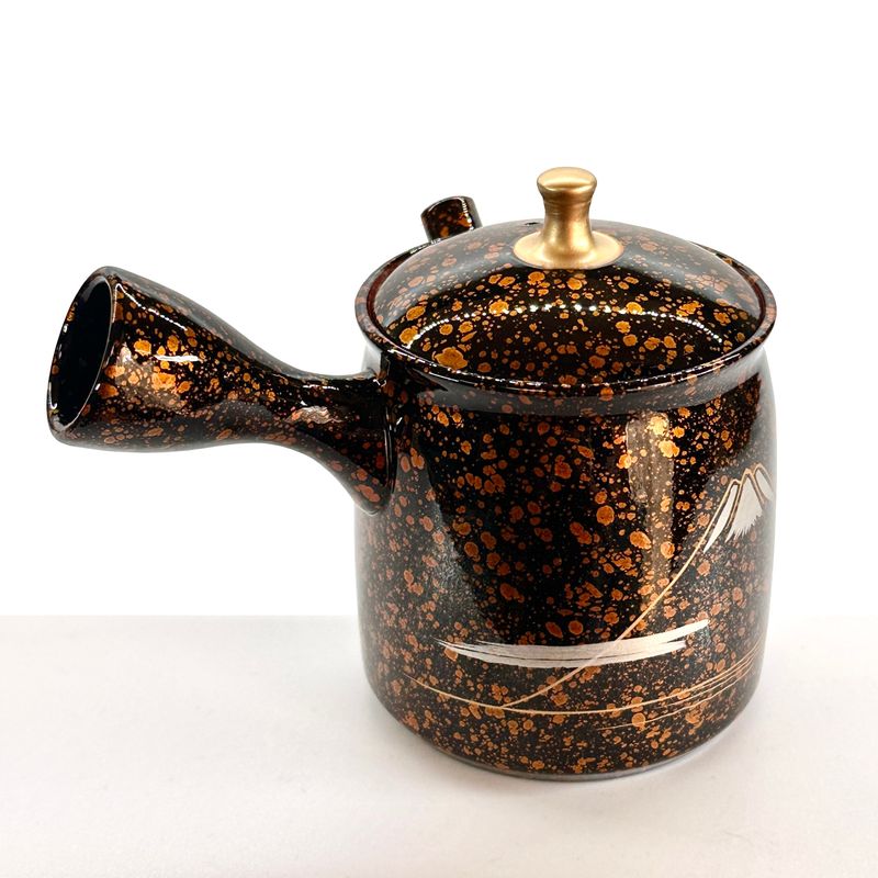 Teapot - SHORYU Red Clay Straight-Sided Shape Orange Gold Sprinkling Mount Fuji