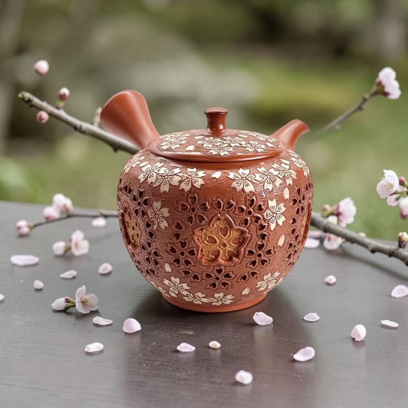 Teapot - Shun-en Red Clay Octagonal Cherry Blossom