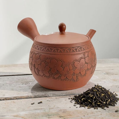 Teapot - Gyokko Red Clay Round Cherry Blossom