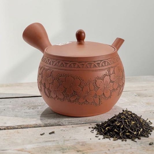 Teapot - Gyokko Red Clay Round Cherry Blossom