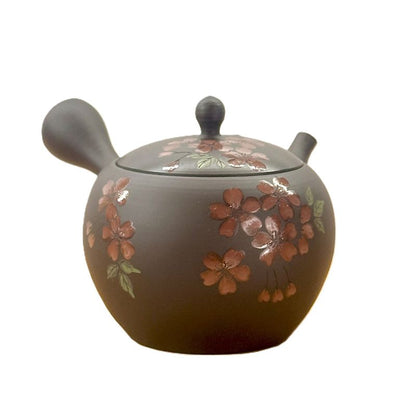 Teapot - GYOKKO Brown Clay Small Round Shape Red Flower