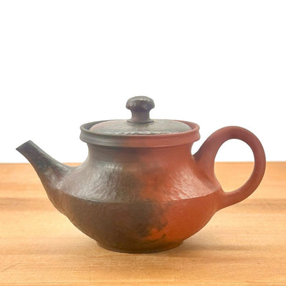Teapot - YOSHIKI Red Clay Inro Lid Pearl Shaped Tataki Texture Rear Handle