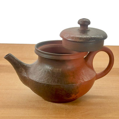 Teapot - YOSHIKI Red Clay Inro Lid Pearl Shaped Tataki Texture Rear Handle
