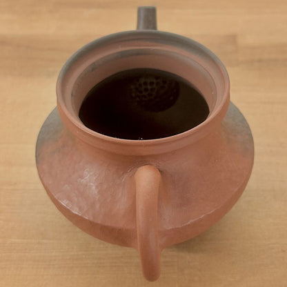 Teapot - YOSHIKI Red Clay Inro Lid Pearl Shaped Tataki Texture Rear Handle