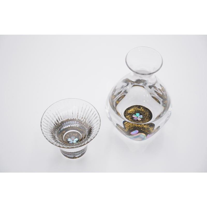 Tokkuri & Sake Cup Set - Gold Cherry Blossoms & Mother of Pearl