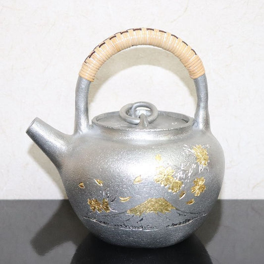 Pure Tin Teapot - Engraved Fuji Sakura