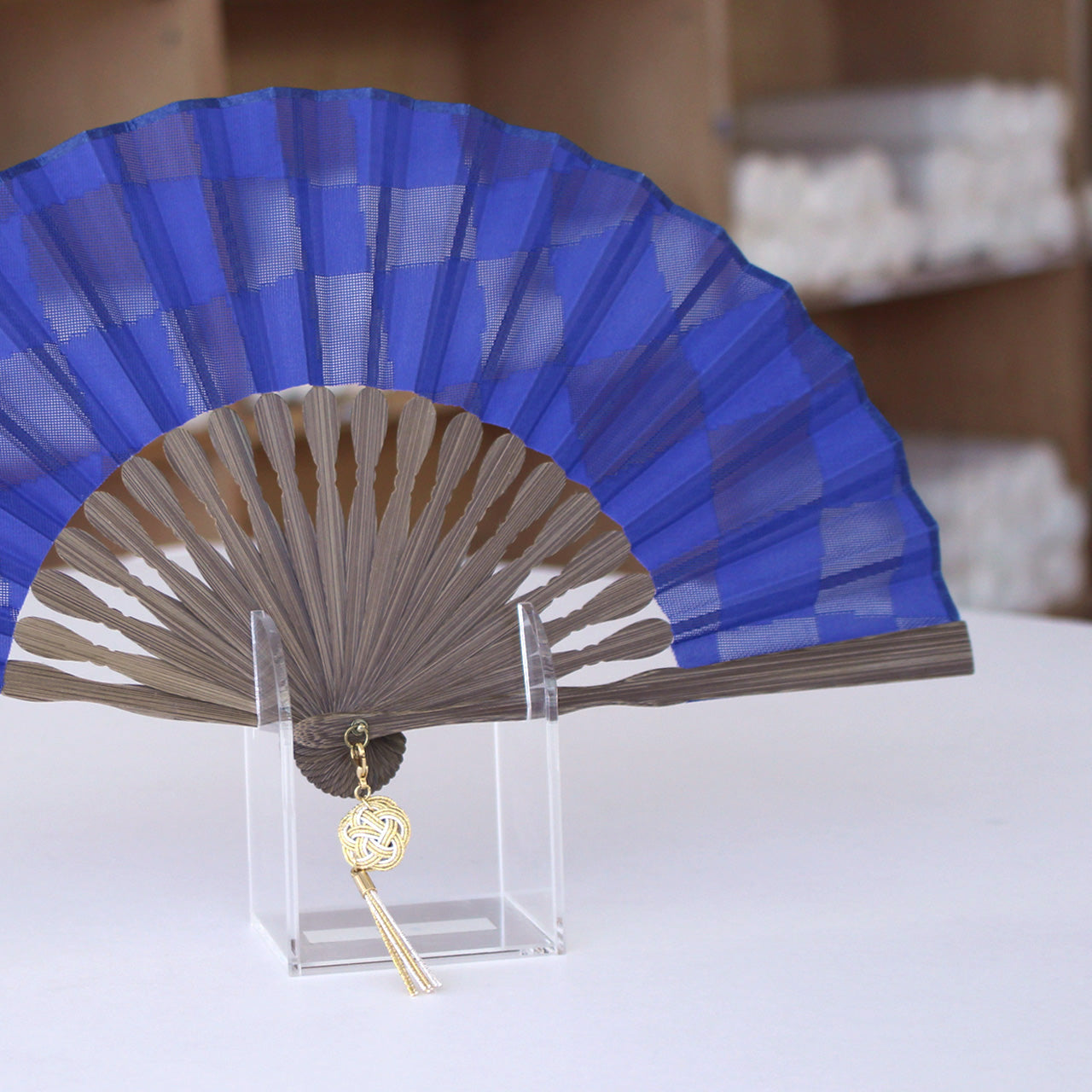 Folding Fan - MIYAKO(Blue Ichimatsu Pattern)
