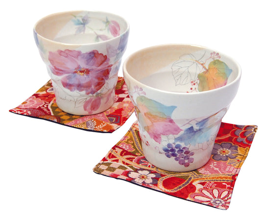 Ceramic-ai Mino Ware Hanatsumi pair lock Cup Set Porcelain Flower Japan 